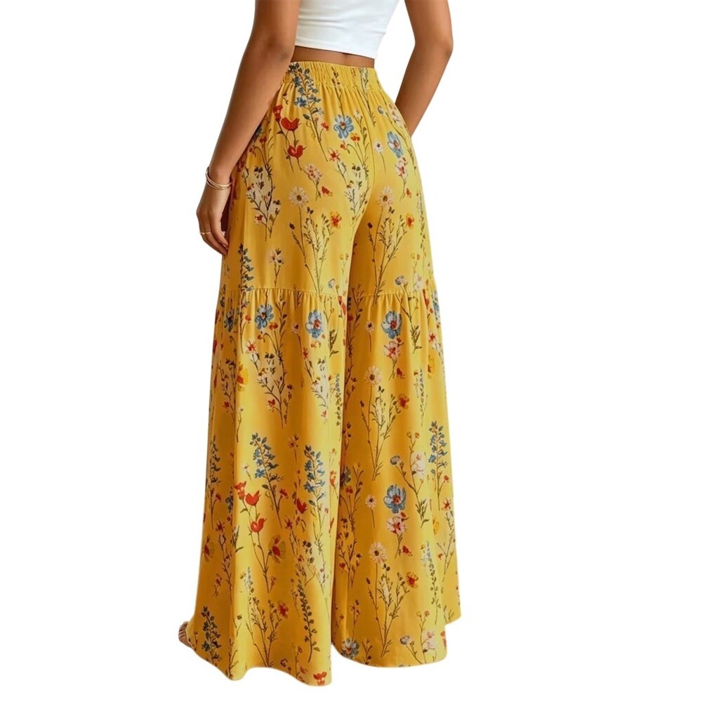 Boho Tiered Wide Leg Palazzo Pants L Mustard Yellow Floral Hippie Cottagecore - Picture 5 of 13